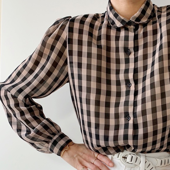 FINAL SALE - Vintage 90s checkered puff shoulder sheer rounded collar blouse - Picture 2 of 6